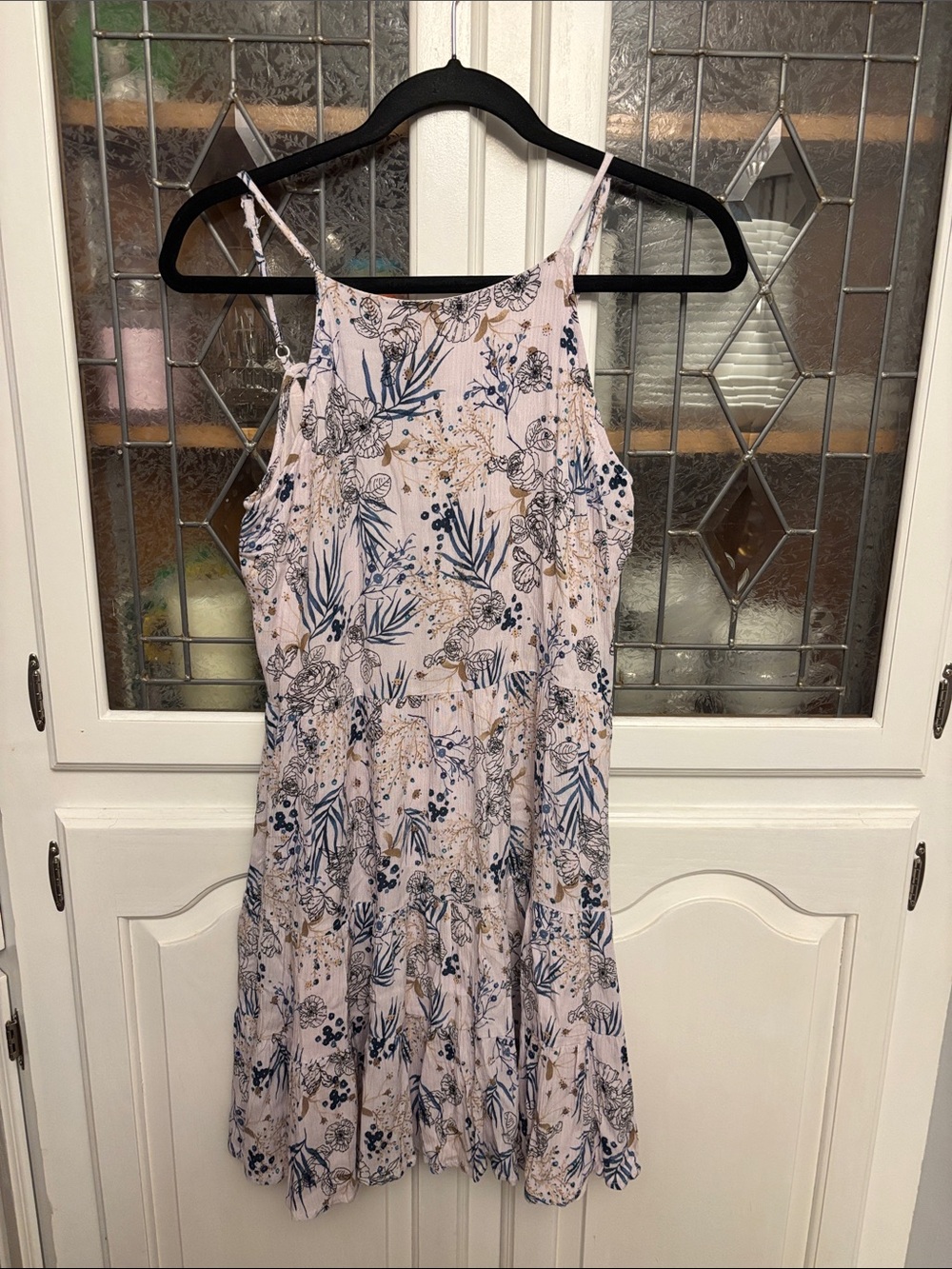 Light Pink Floral Tiered Mini Dress with Navy & Beige Print